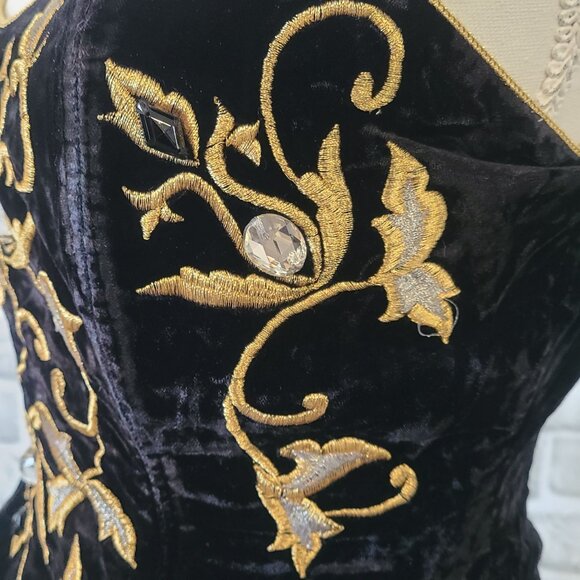Vintage Natori Neiman Marcus Black Velvet Embroidered Bustier Elegant Whimsigoth - Picture 2 of 10